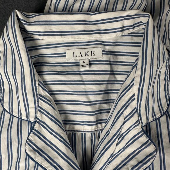 Lake L Poplin Chloe Pajama Set Seaport Shoreline Stripe Blue White 2 Pc Cotton - Picture 5 of 15